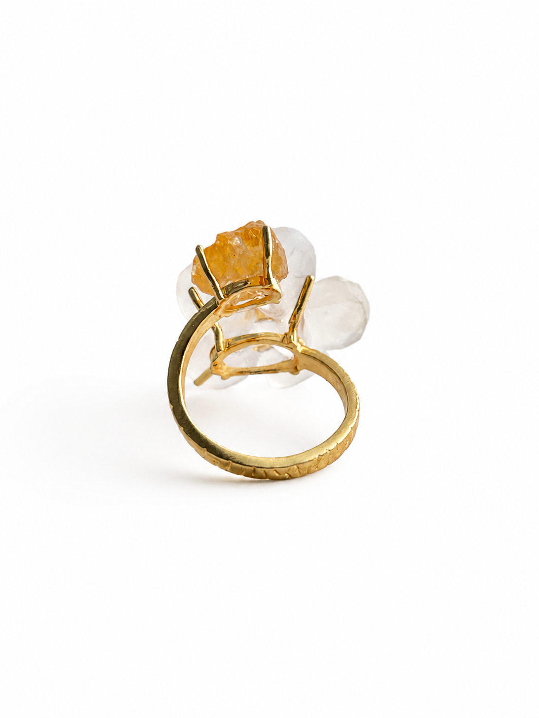 Back view of Moonstone flower and Citrine two stone ring