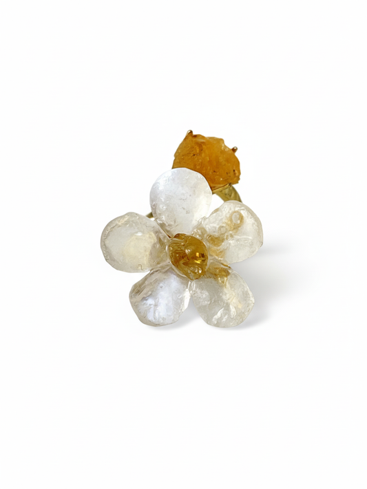Moonstone flower and citrine two stone ring with hand-cut moonstone petals and golden citrine accents