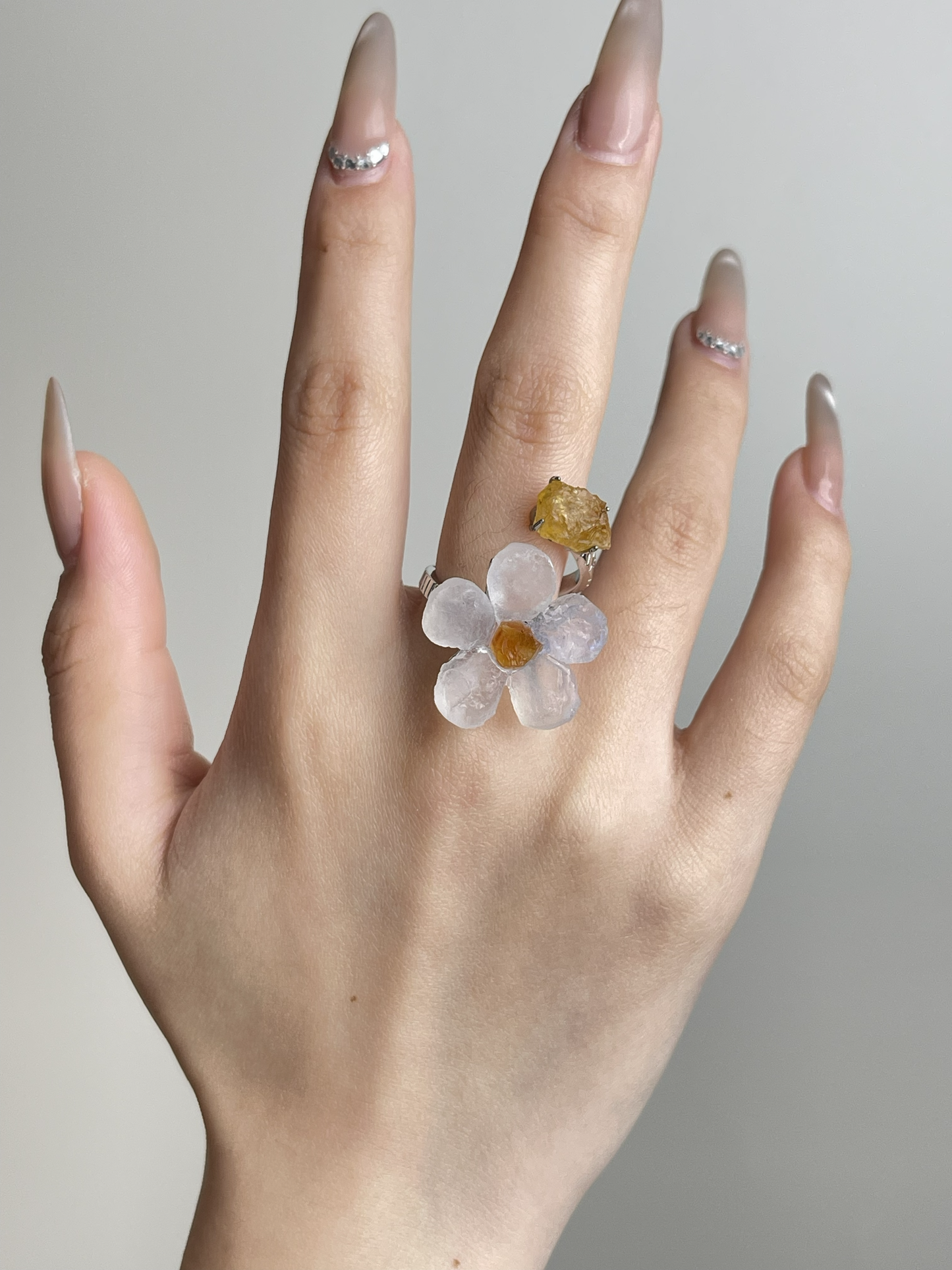 Moonstone flower and Citrine two stone ring worn on hand