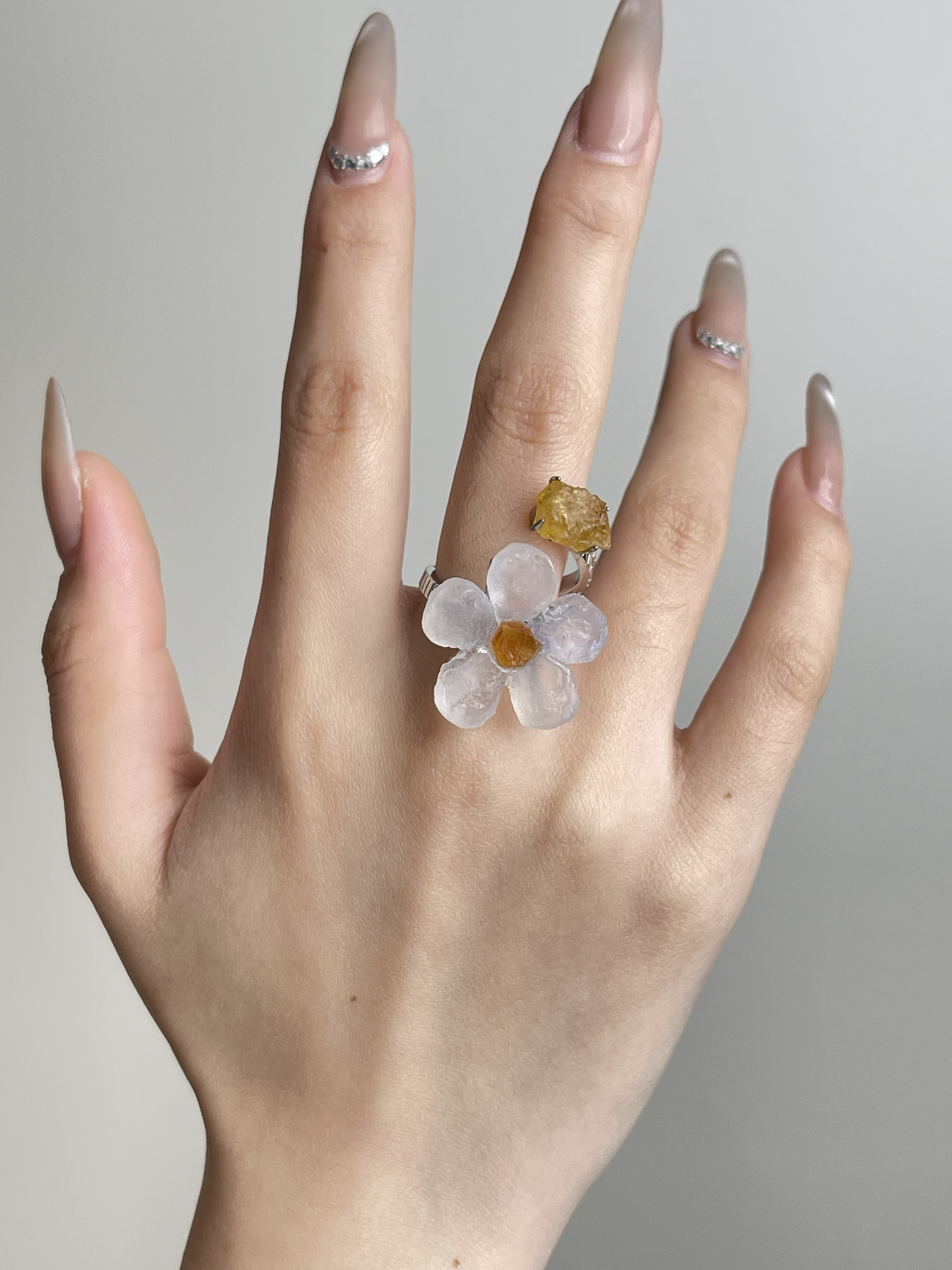 Moonstone flower and Citrine two stone ring worn on hand