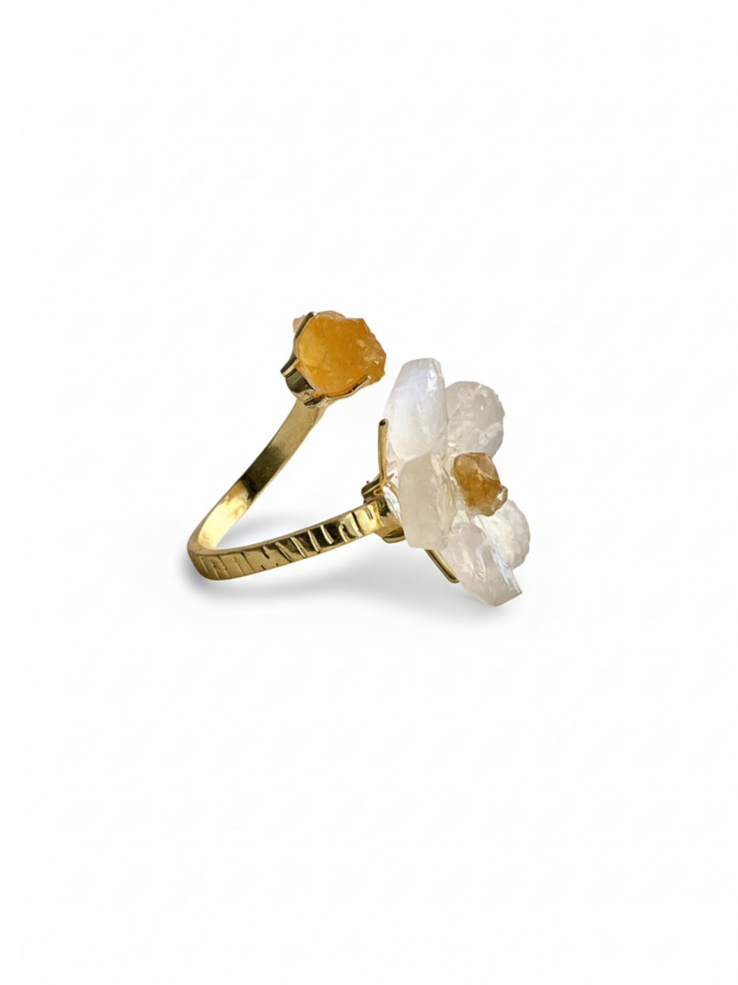 Side view of Moonstone flower and Citrine two stone ring