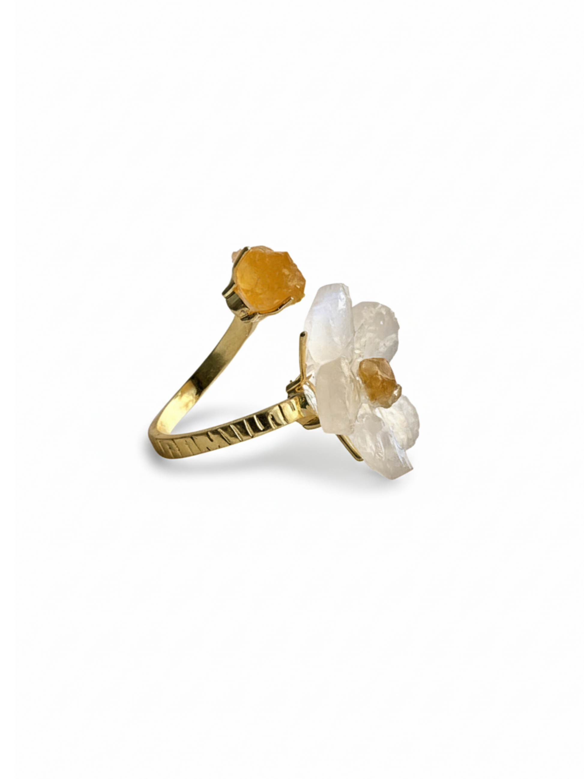 Side view of Moonstone flower and Citrine two stone ring
