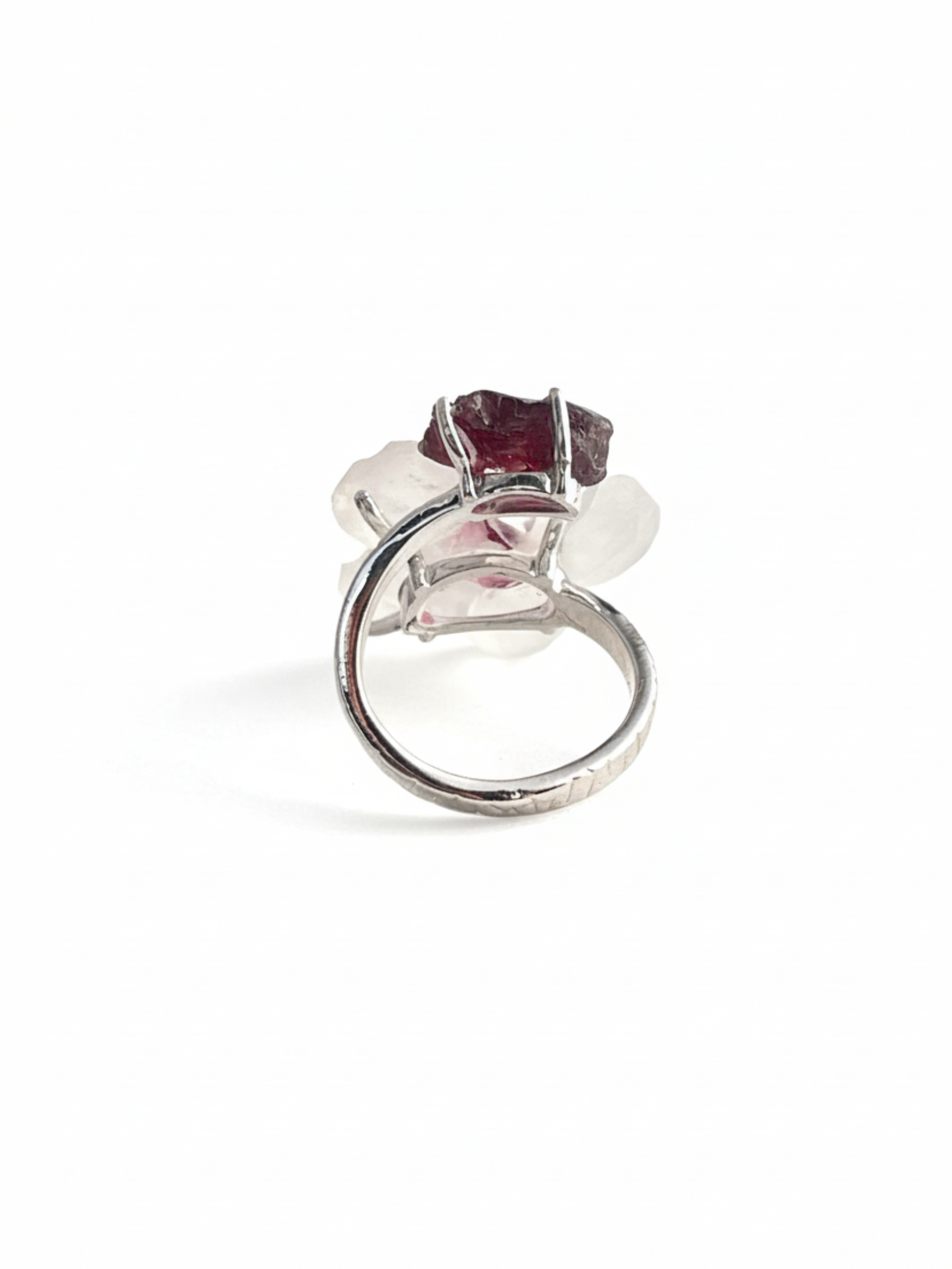 Back view of Moonstone and Garnet crystal flower ring
