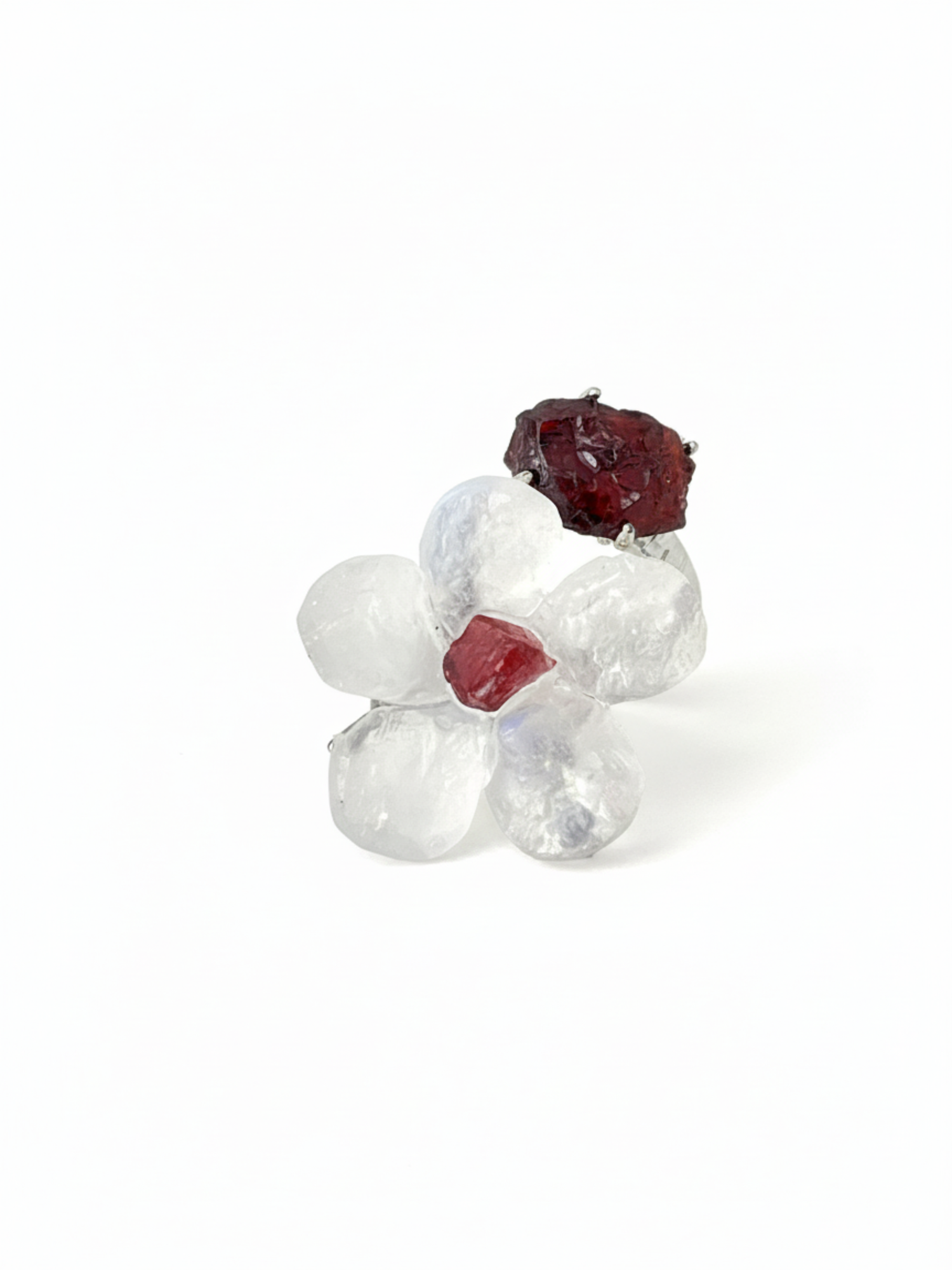 Moonstone and Garnet crystal flower ring front view