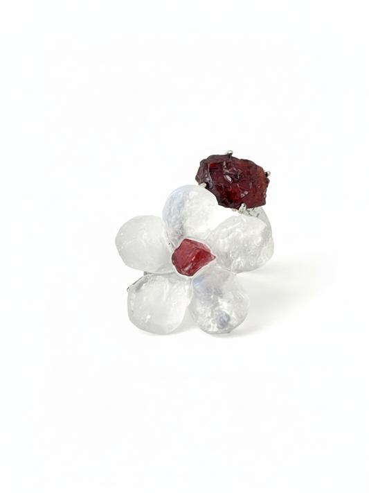 Moonstone and Garnet crystal flower ring front view