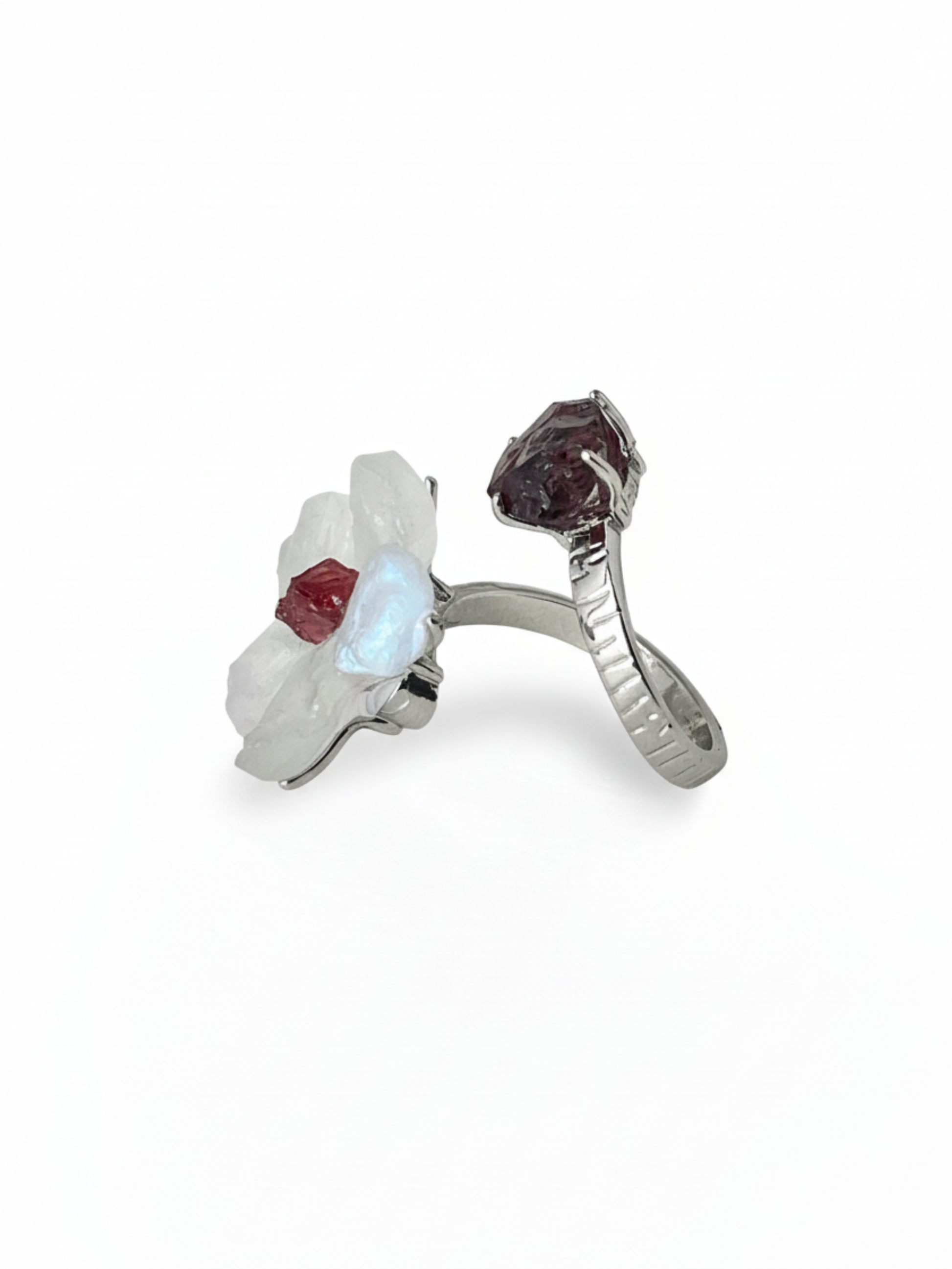 Side view of Moonstone and Garnet crystal flower ring