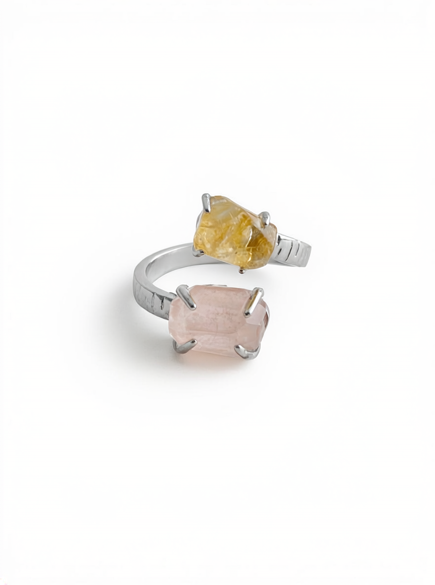 Morganite and Citrine Freeform Ring, close-up on hand