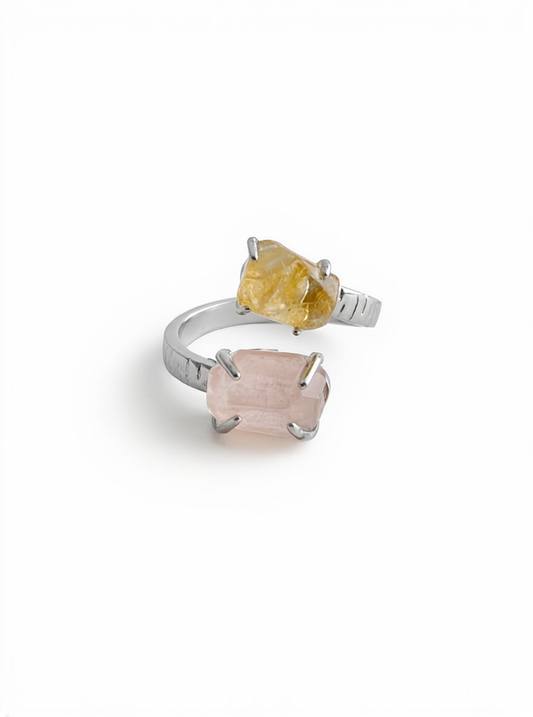 Morganite and Citrine Freeform Ring, close-up on hand