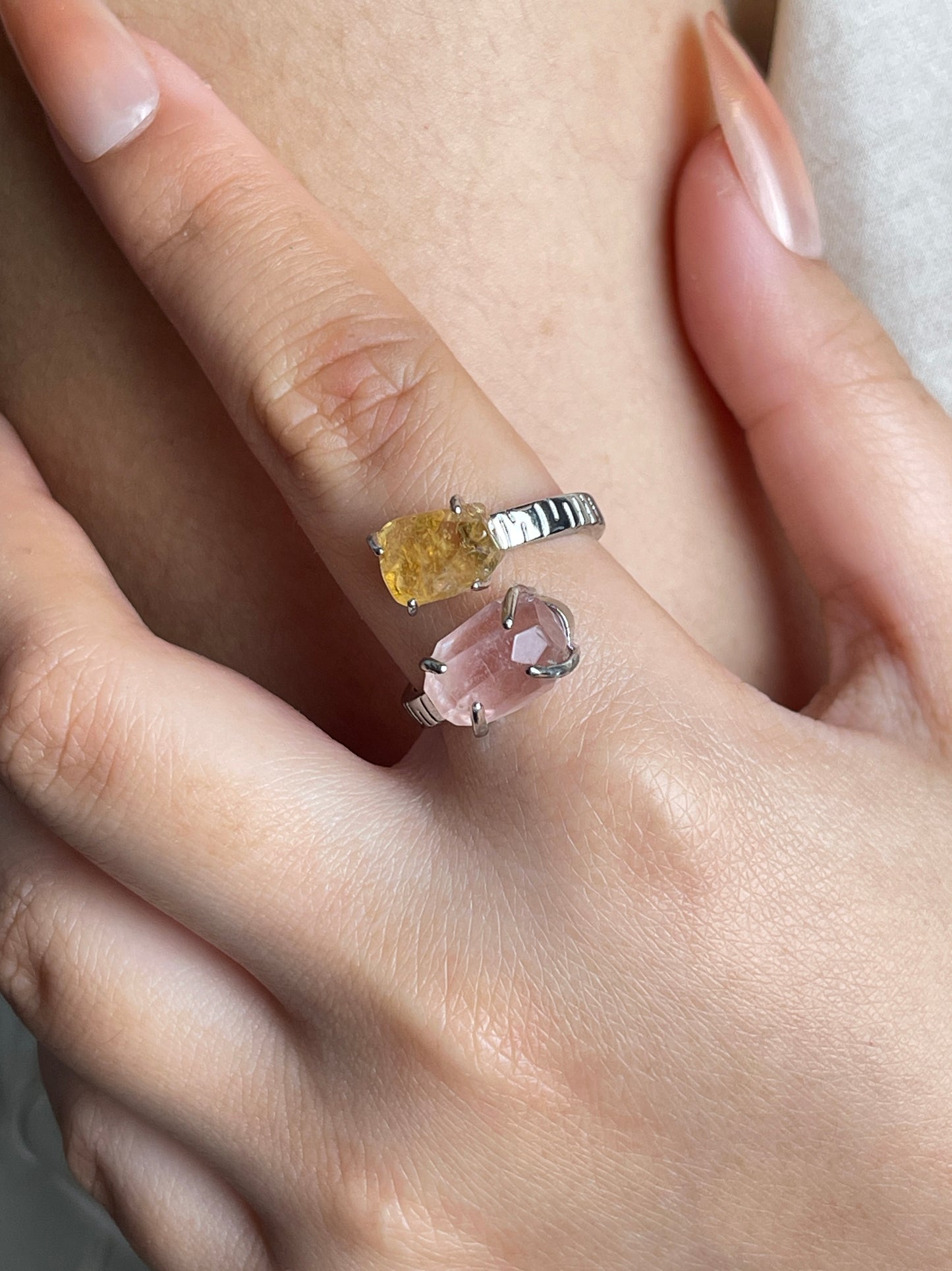 Morganite and Citrine Freeform Ring, close-up on hand