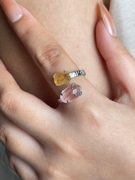Morganite and Citrine Freeform Ring, close-up on hand