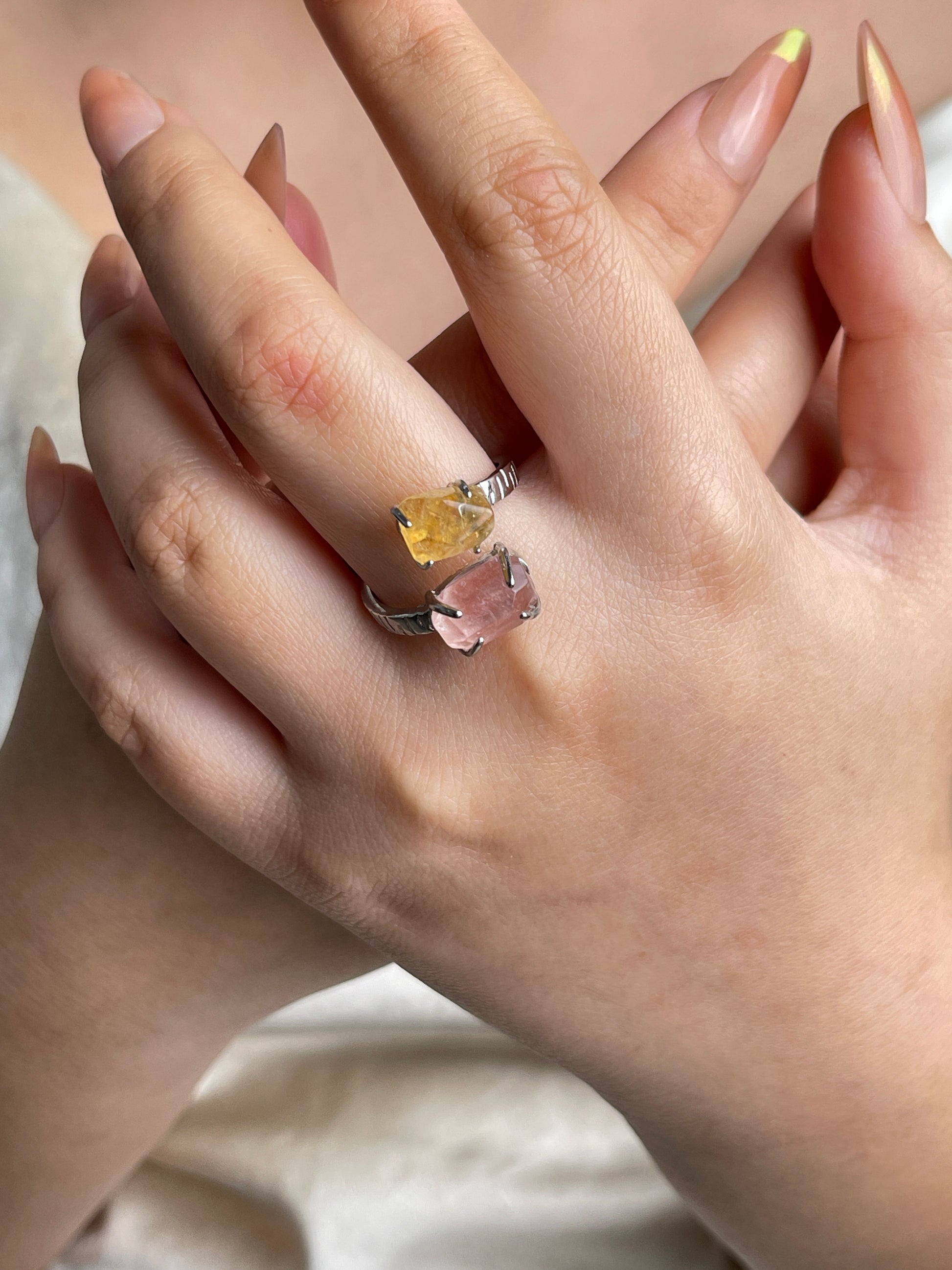 Morganite and Citrine Freeform Ring worn on hand