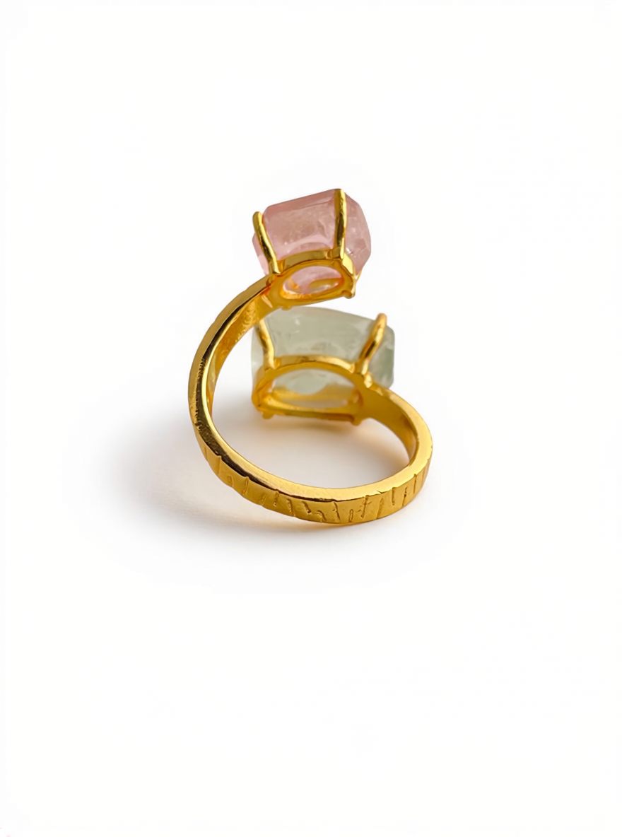 Morganite and Green Quartz Freeform Ring, back view