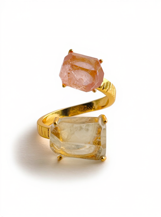 Morganite and Green Quartz Freeform Ring, front view