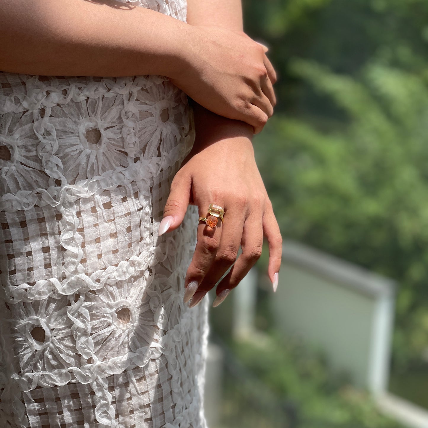 Morganite and Green Quartz Freeform Ring, close-up on hand