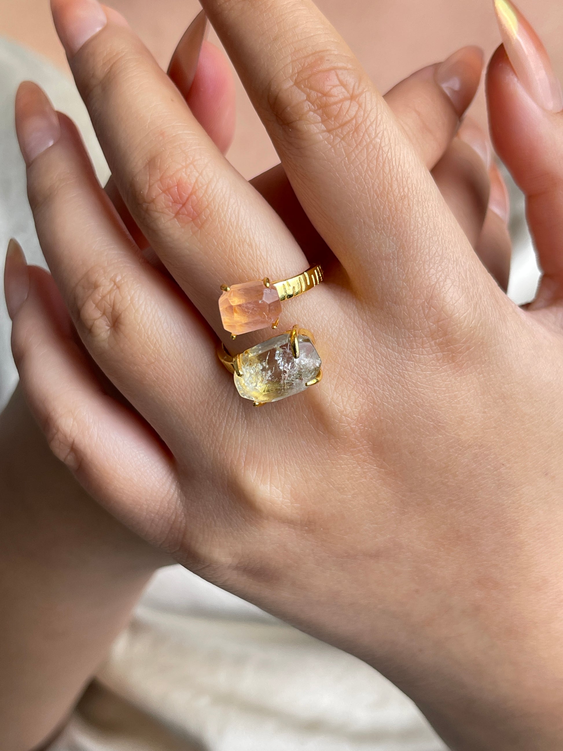 Morganite and Green Quartz Freeform Ring worn on hand