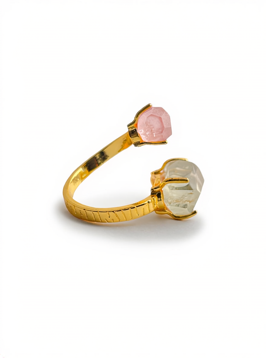 Morganite and Green Quartz Freeform Ring, side view