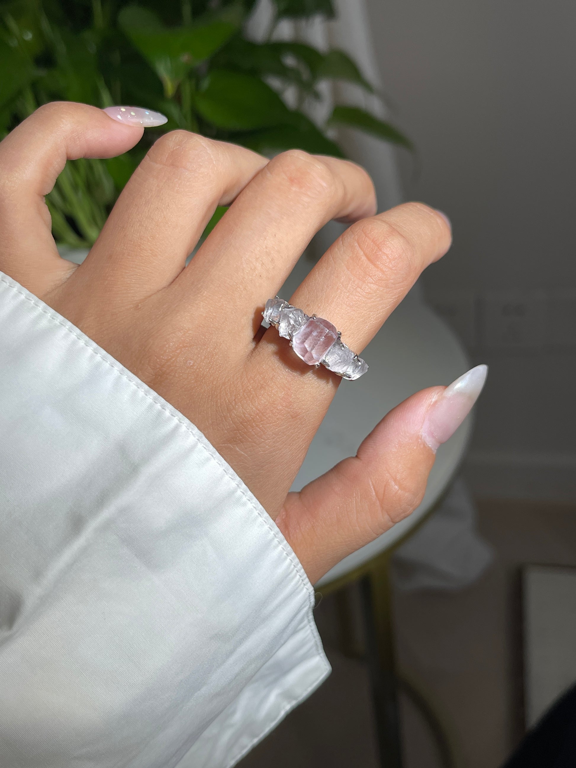 Morganite and Rose Quartz Ring close-up worn on hand