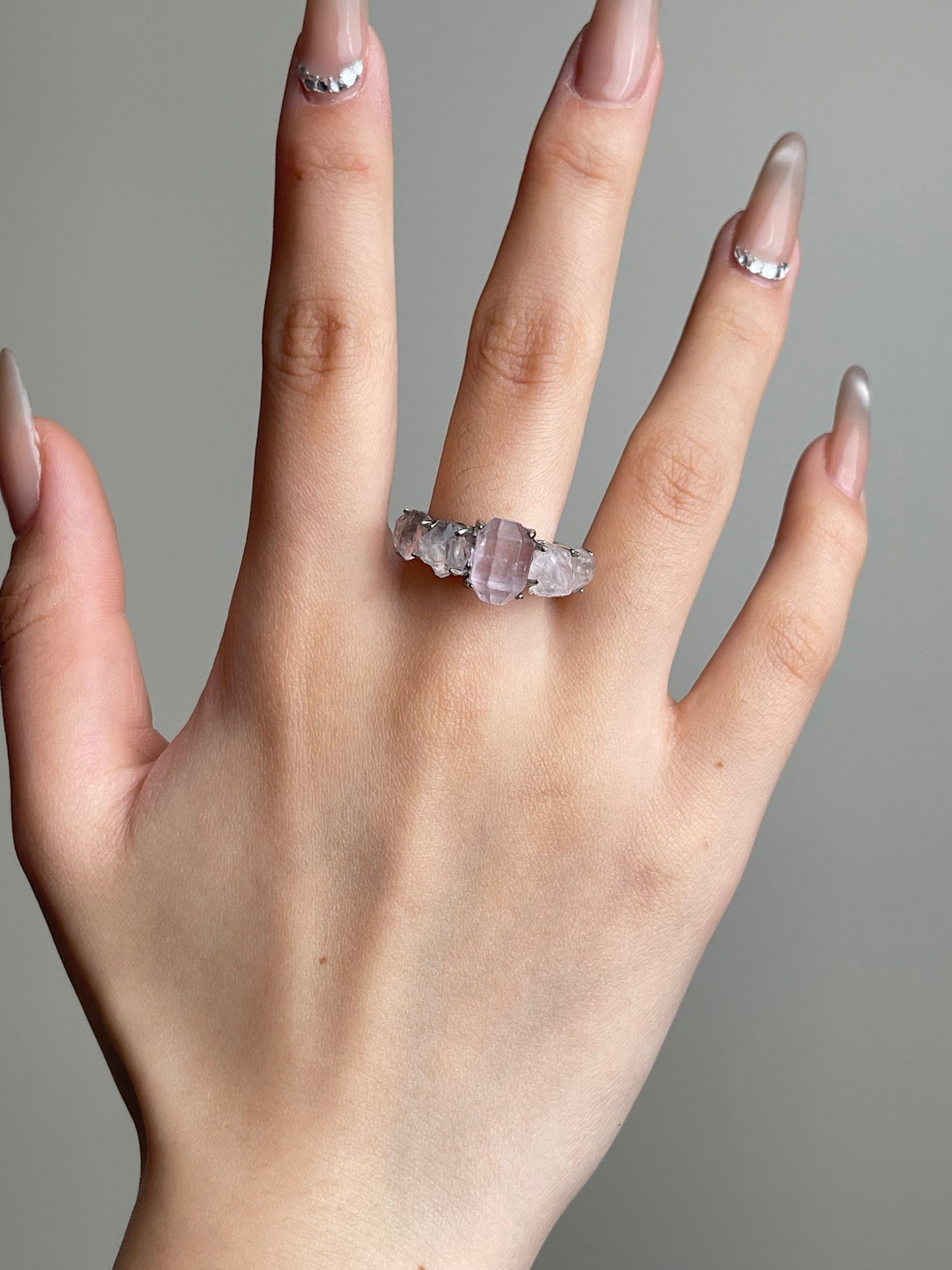Morganite and Rose Quartz Ring worn on hand