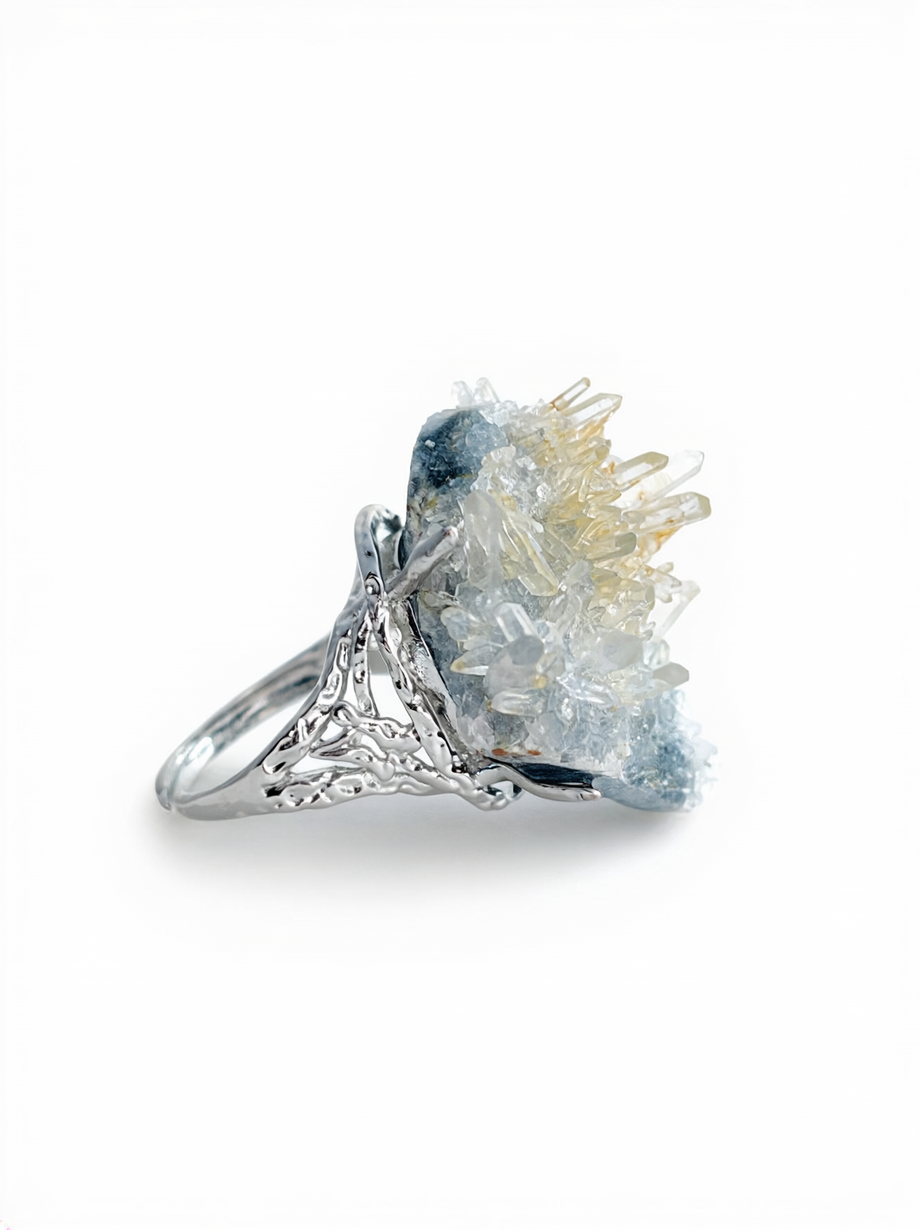 Needle quartz cluster mineral specimen ring side view