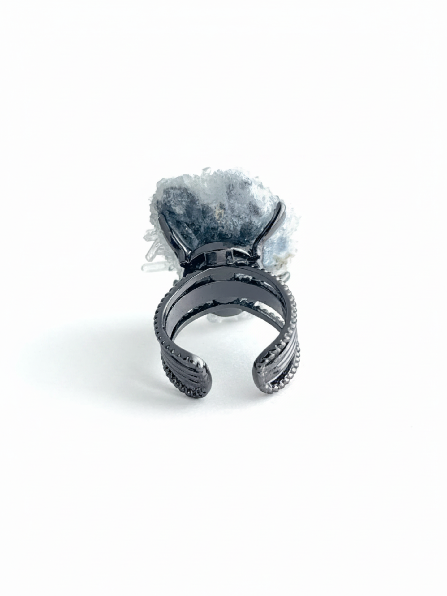 Back view of Needle Quartz crystal cluster ring with raw mineral setting