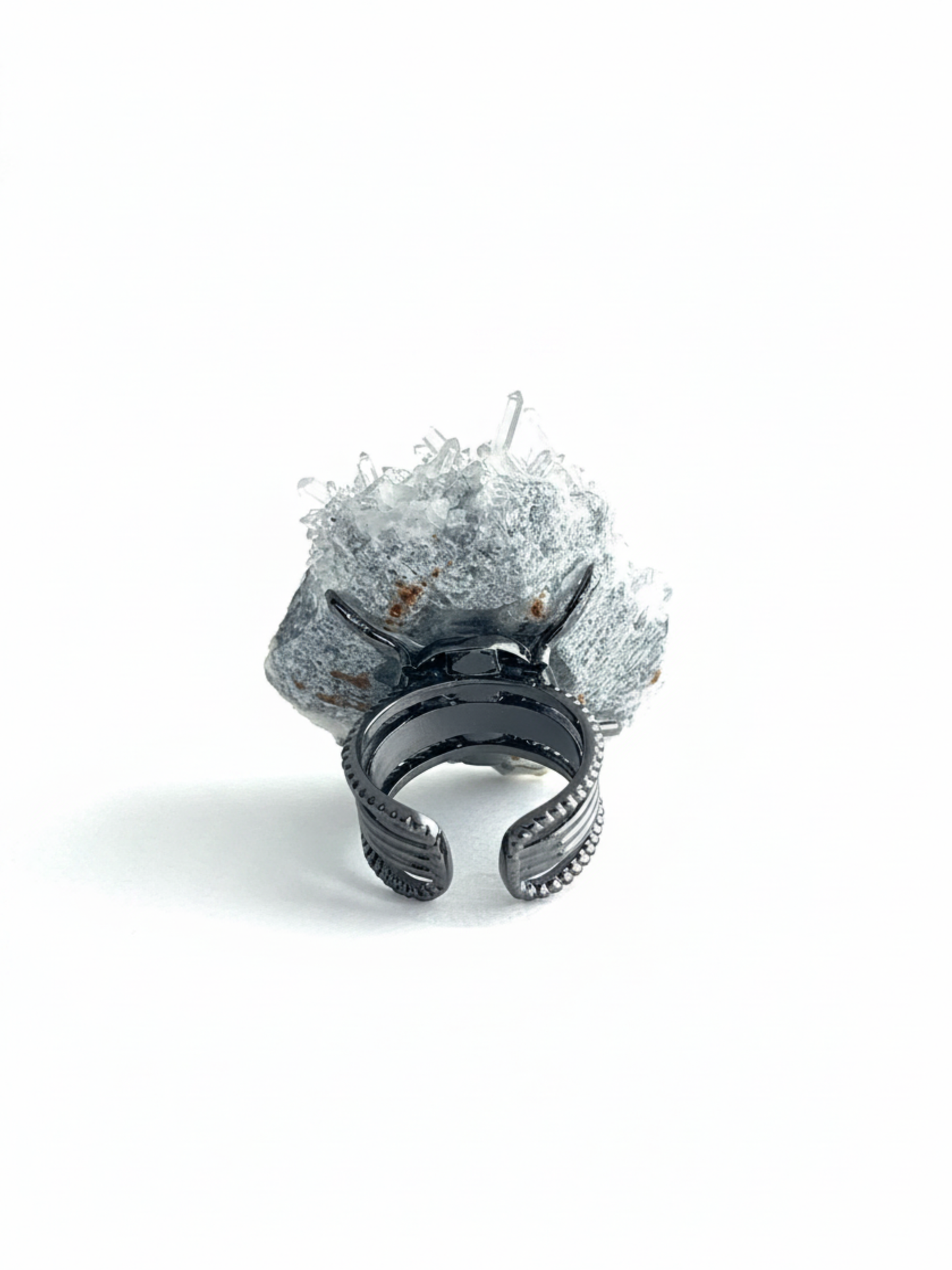 Back view of Needle Quartz crystal cluster ring with raw mineral setting