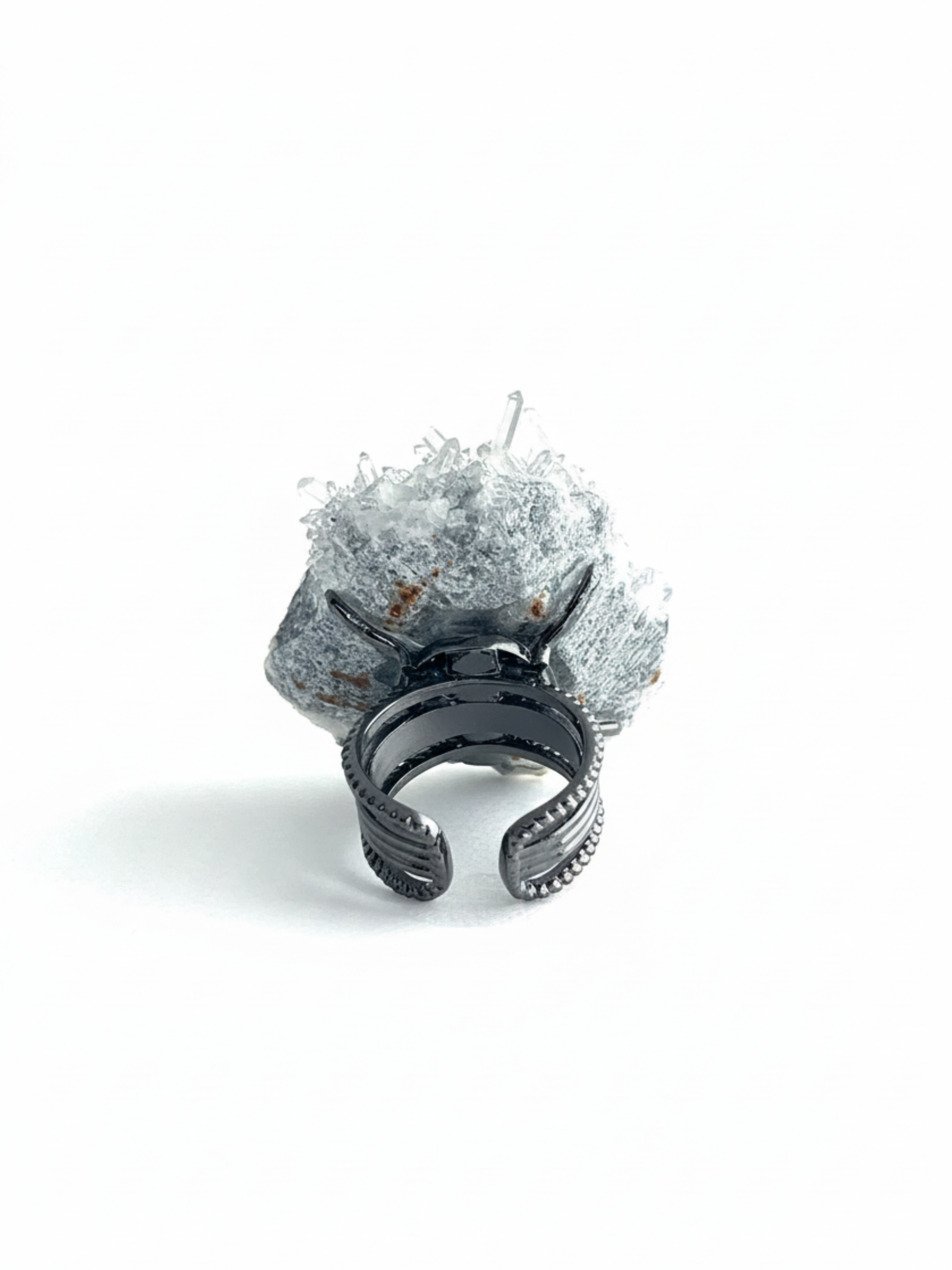 Back view of Needle Quartz crystal cluster ring with raw mineral setting