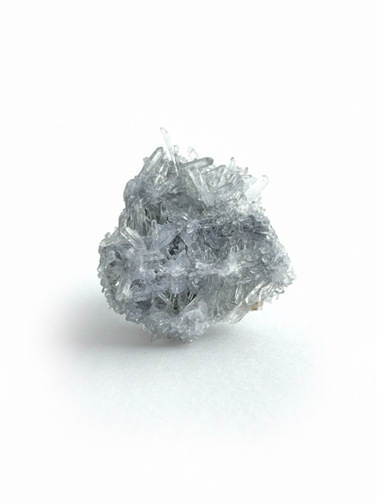 Front view of Needle Quartz crystal cluster ring with fine natural quartz points