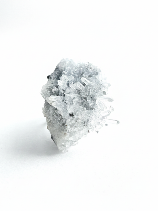 Front view of Needle Quartz crystal cluster ring with fine natural quartz points