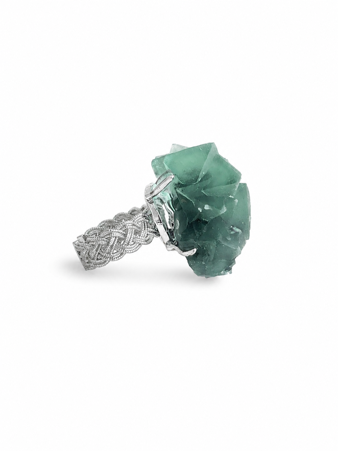 side view green fluorite octahedral crystal ring