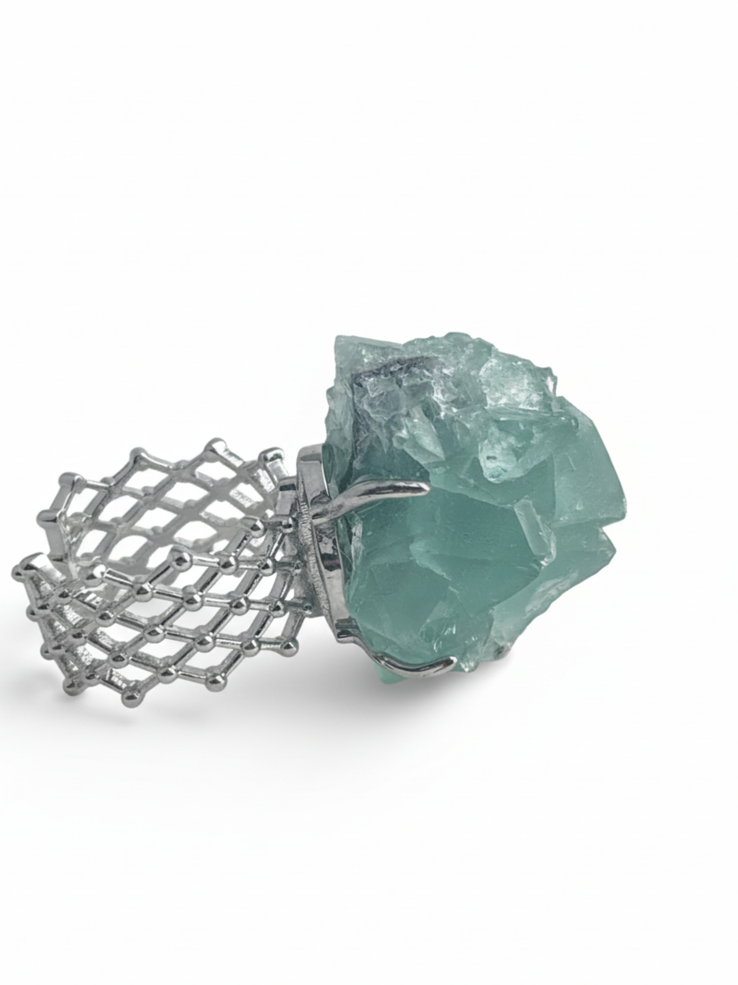 side view green fluorite octahedral crystal ring