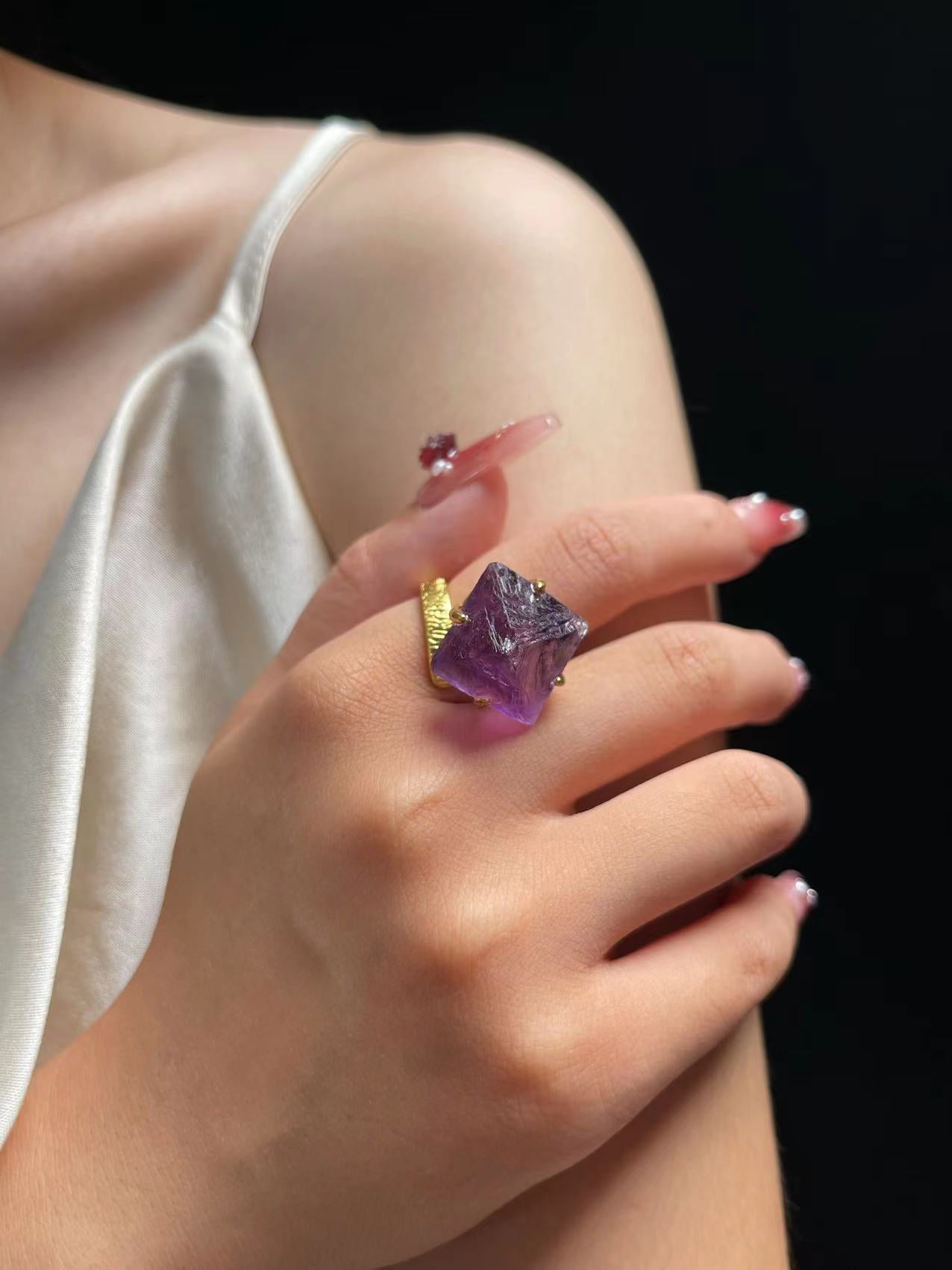 Octahedral Amethyst Fluorite Ring