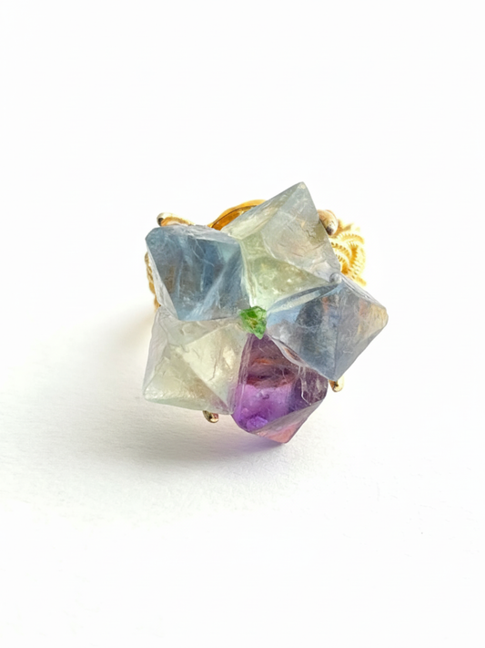 Octahedral fluorite flower ring with peridot center front view in 18k gold plated finish