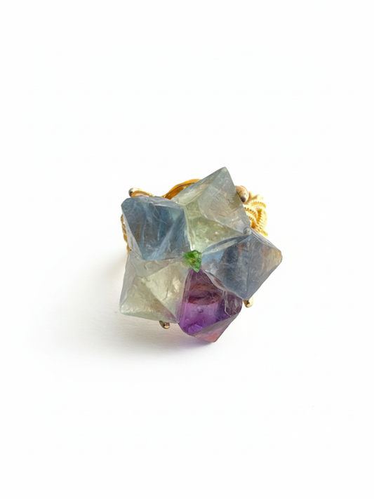 Octahedral fluorite flower ring with peridot center front view in 18k gold plated finish