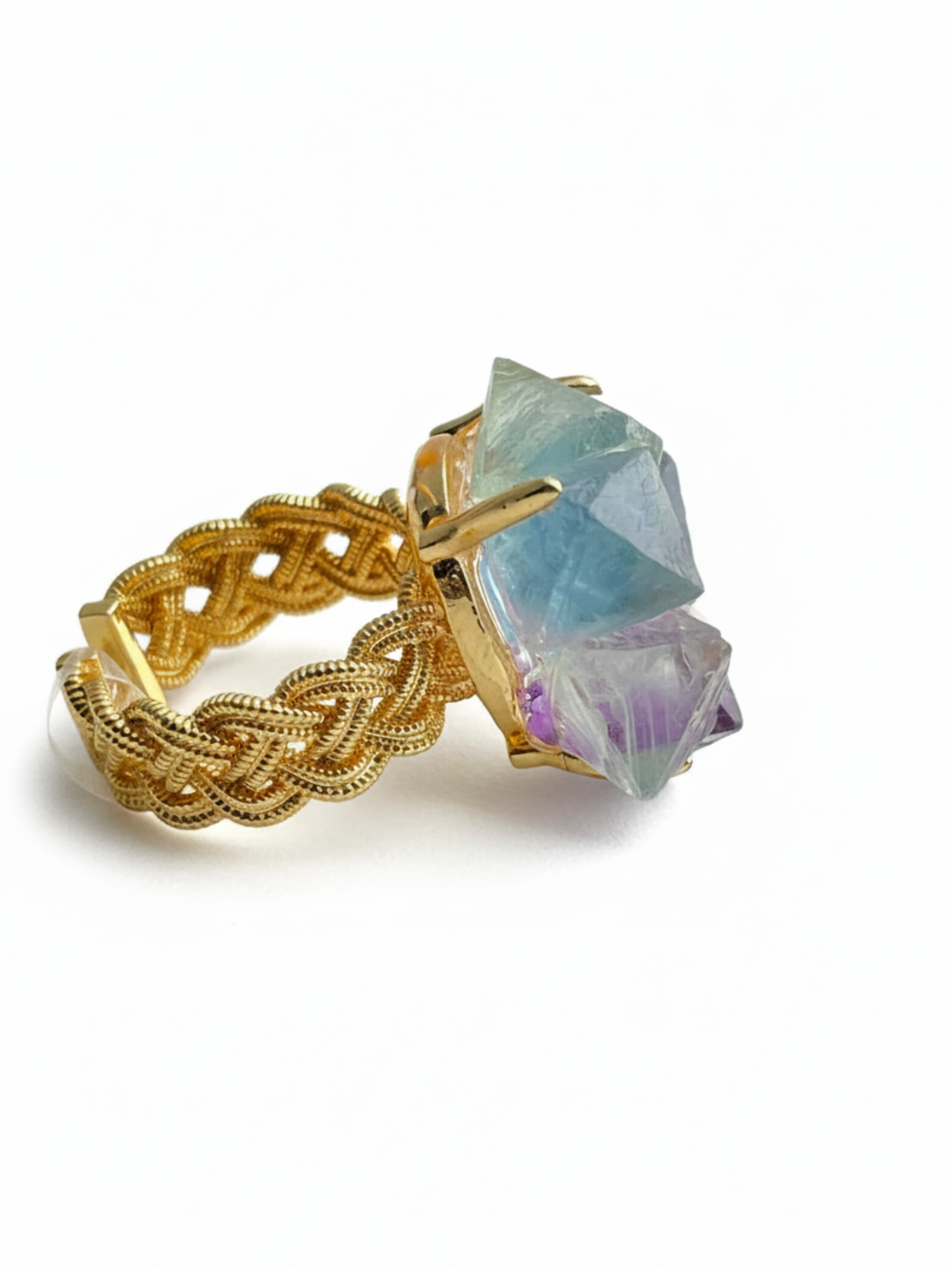 Side view of octahedral fluorite flower ring with adjustable open band