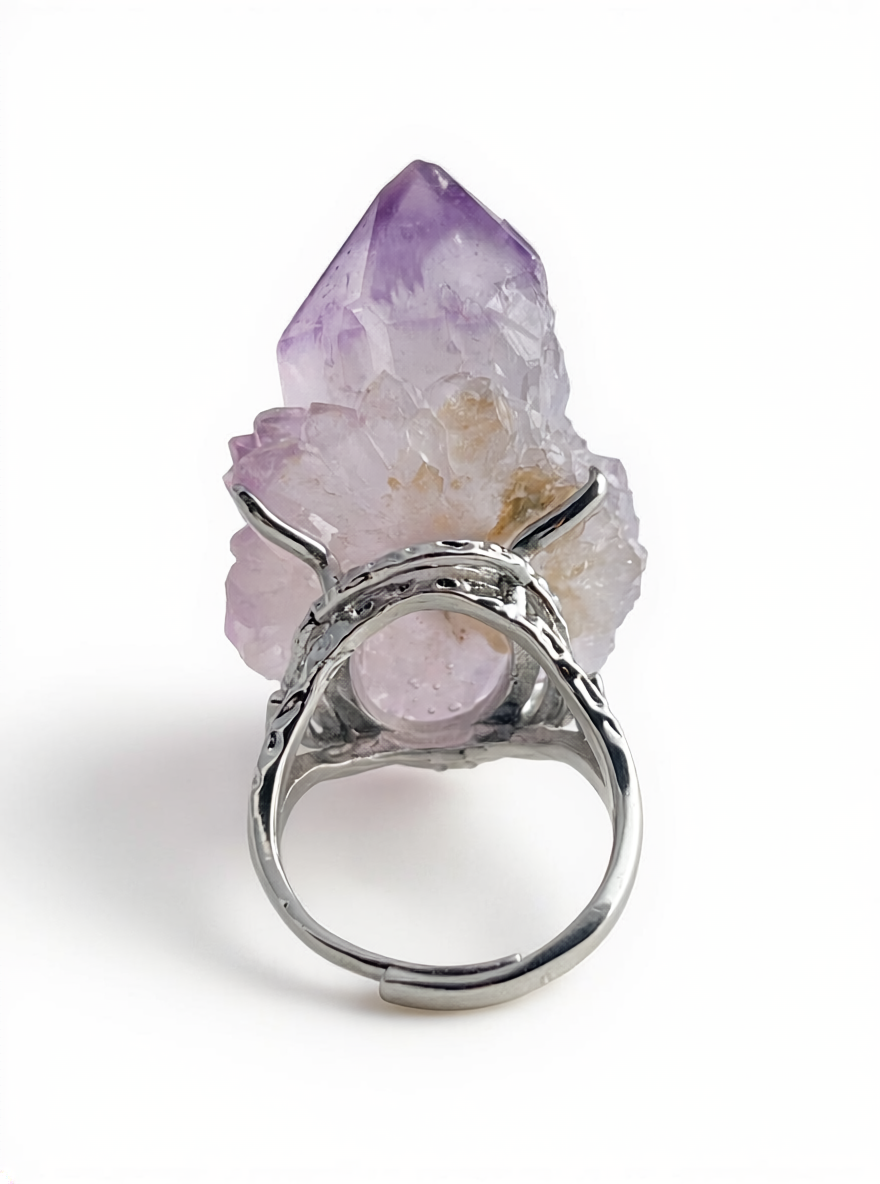 Amethyst Cactus Quartz Ring featuring natural Spirit Quartz crystal cluster back