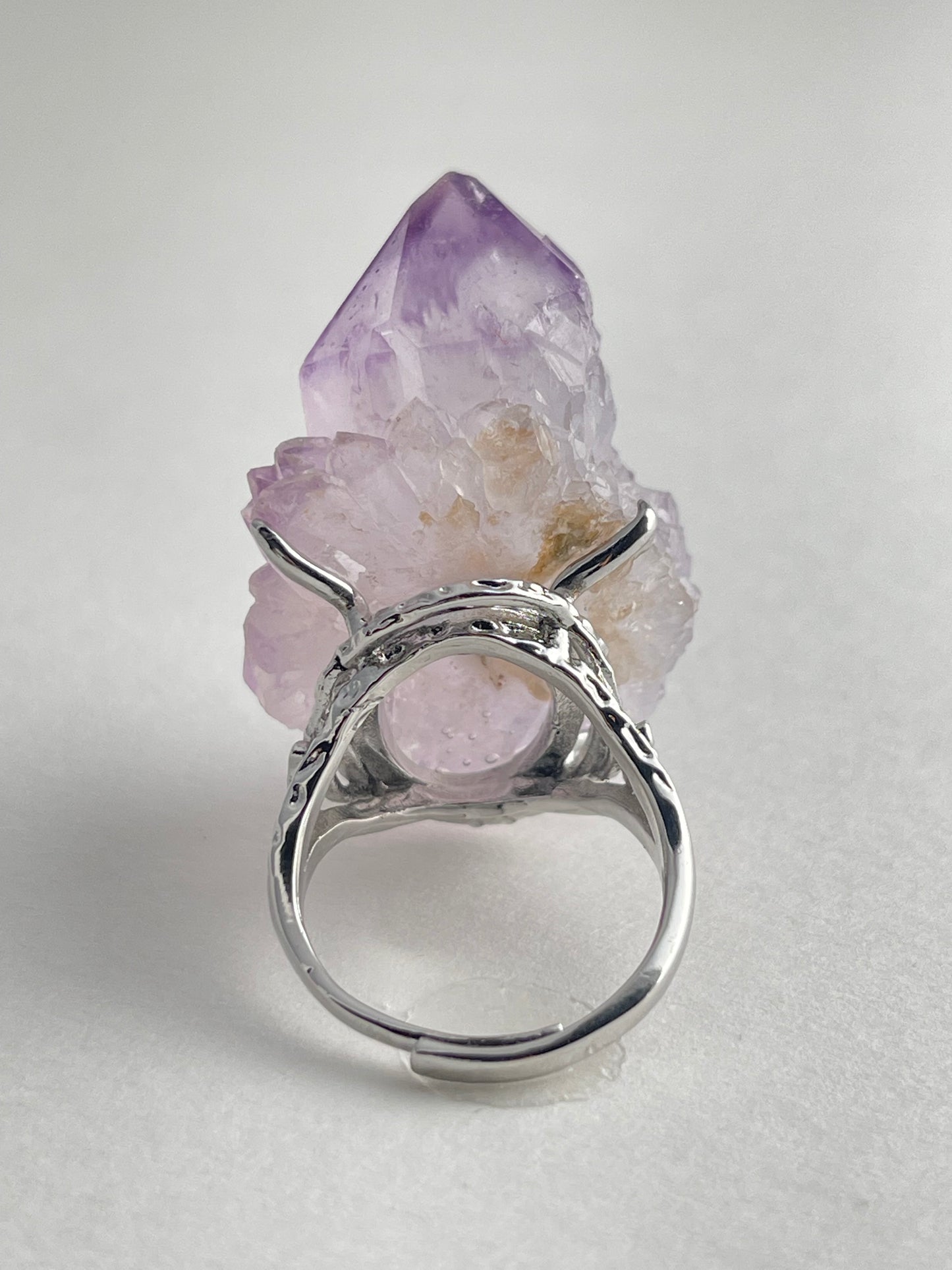 Amethyst Cactus Quartz Ring featuring natural Spirit Quartz crystal cluster back