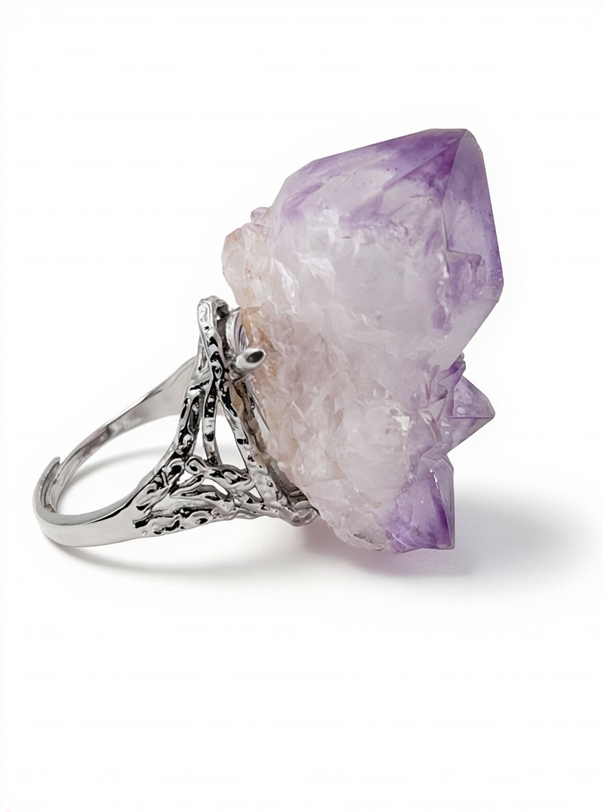 Amethyst Cactus Quartz Ring featuring natural Spirit Quartz crystal cluster side