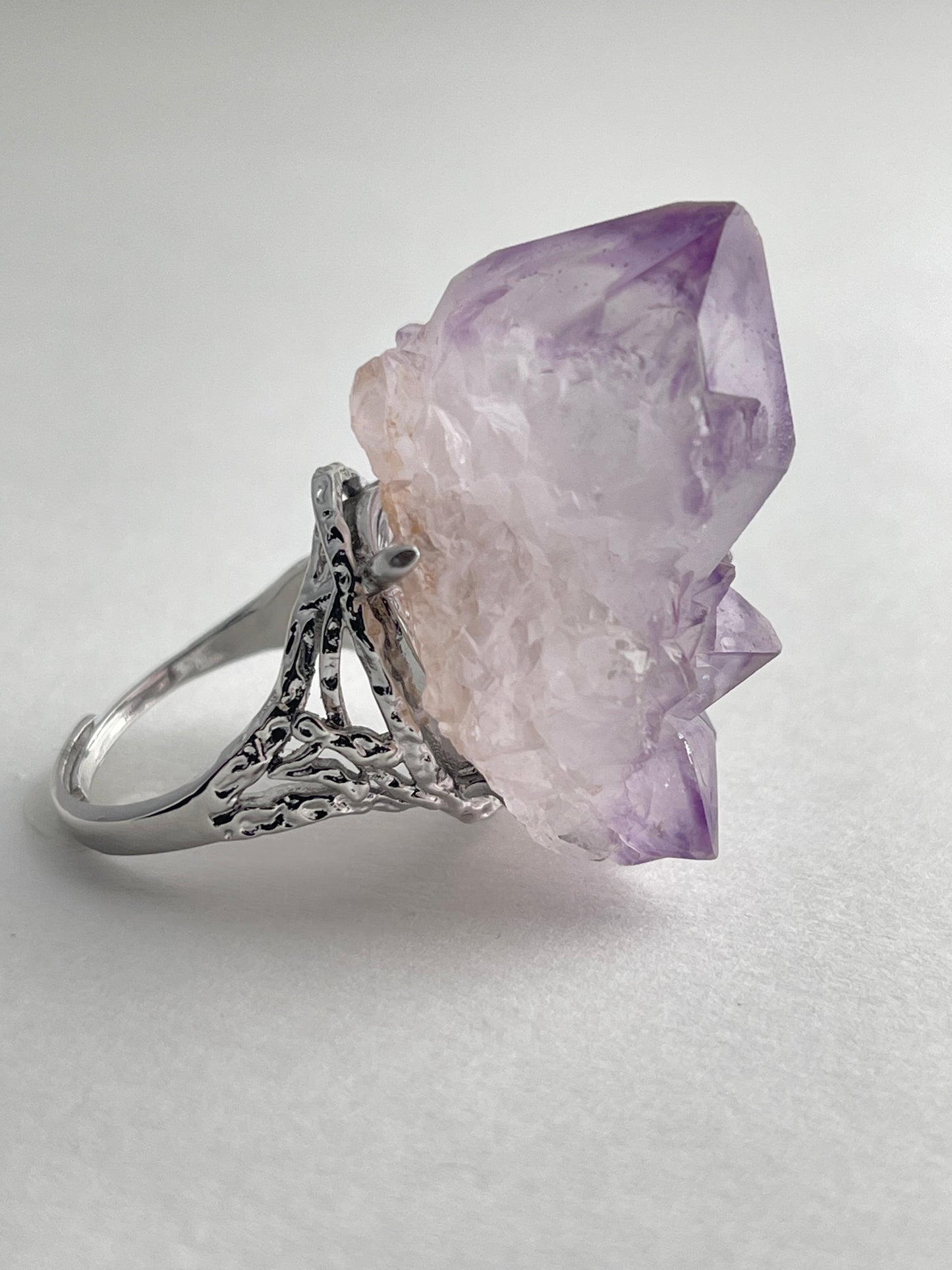 Amethyst Cactus Quartz Ring featuring natural Spirit Quartz crystal cluster side