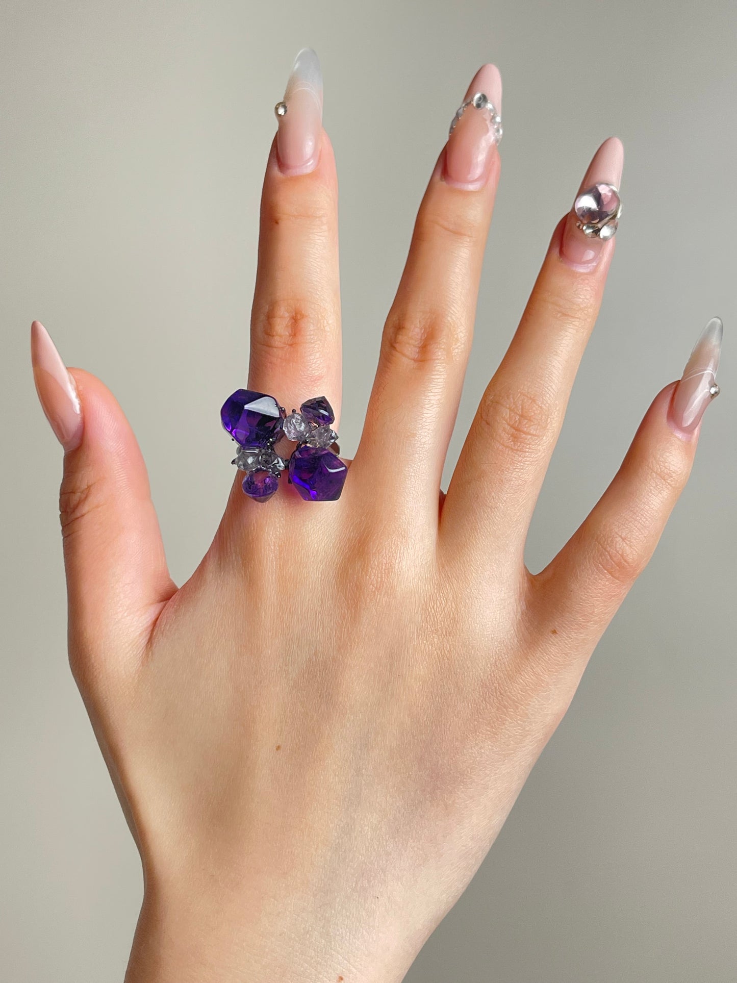 natural amethyst crystal flower ring herkimer diamond