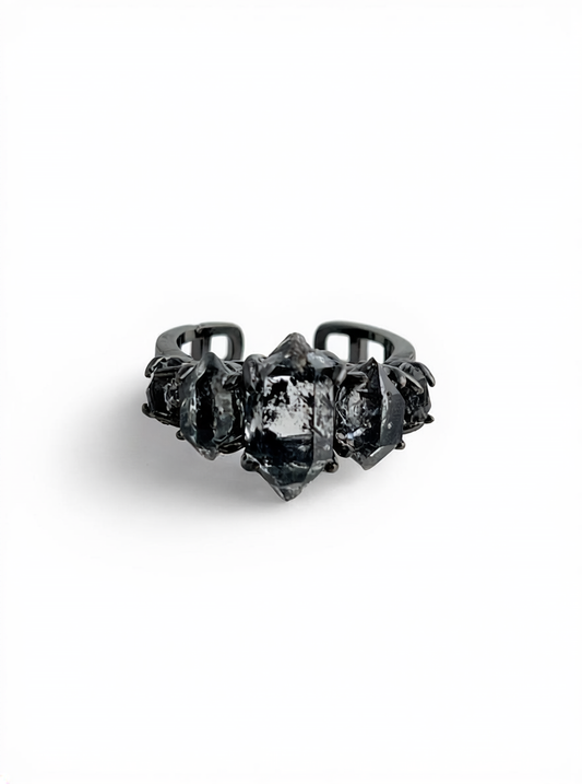 black herkimer diamond quartz row ring