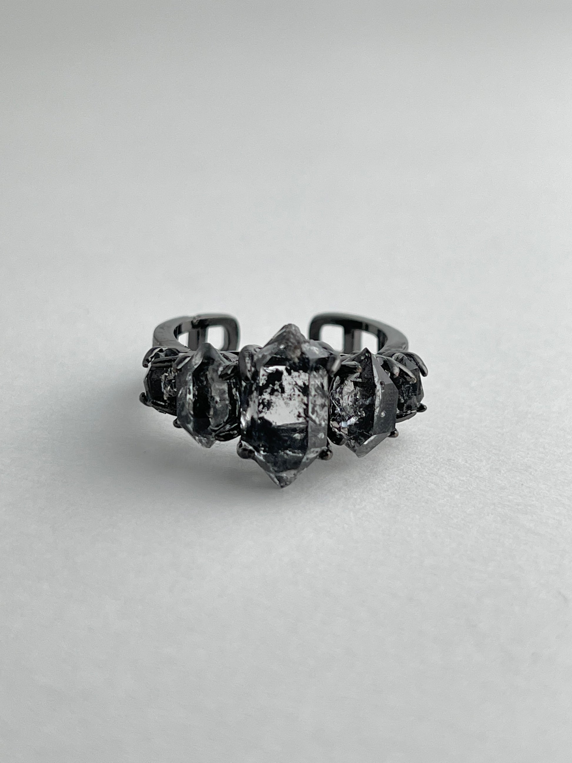 black herkimer diamond quartz row ring