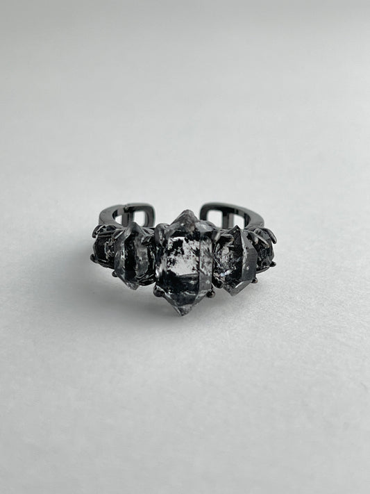 black herkimer diamond quartz row ring