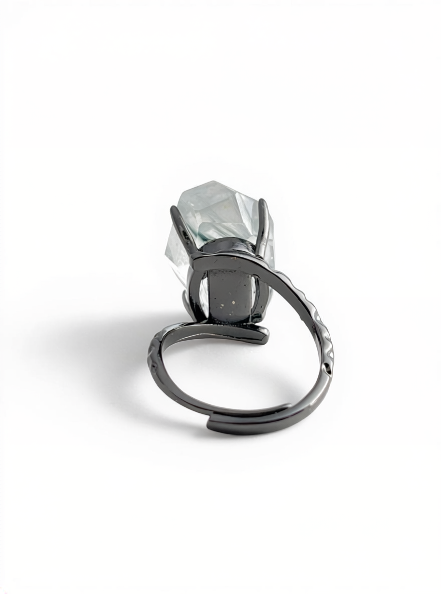 Blue Rutilated Quartz Freeform Ring featuring natural rutile inclusions back