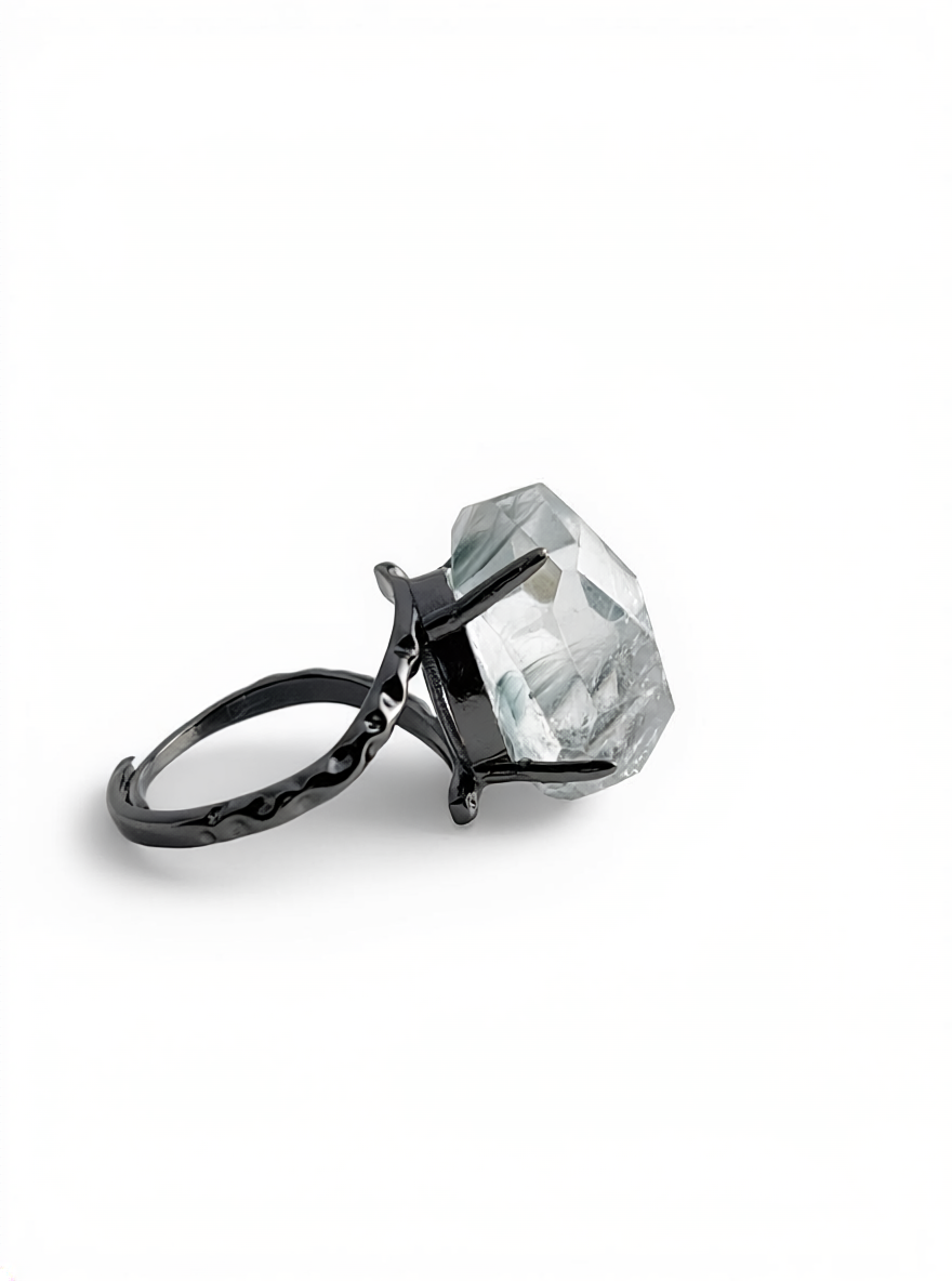 Blue Rutilated Quartz Freeform Ring featuring natural rutile inclusions side