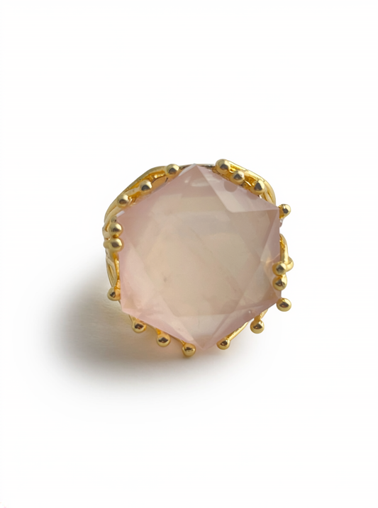 Brazilian rose quartz hexagon star ring