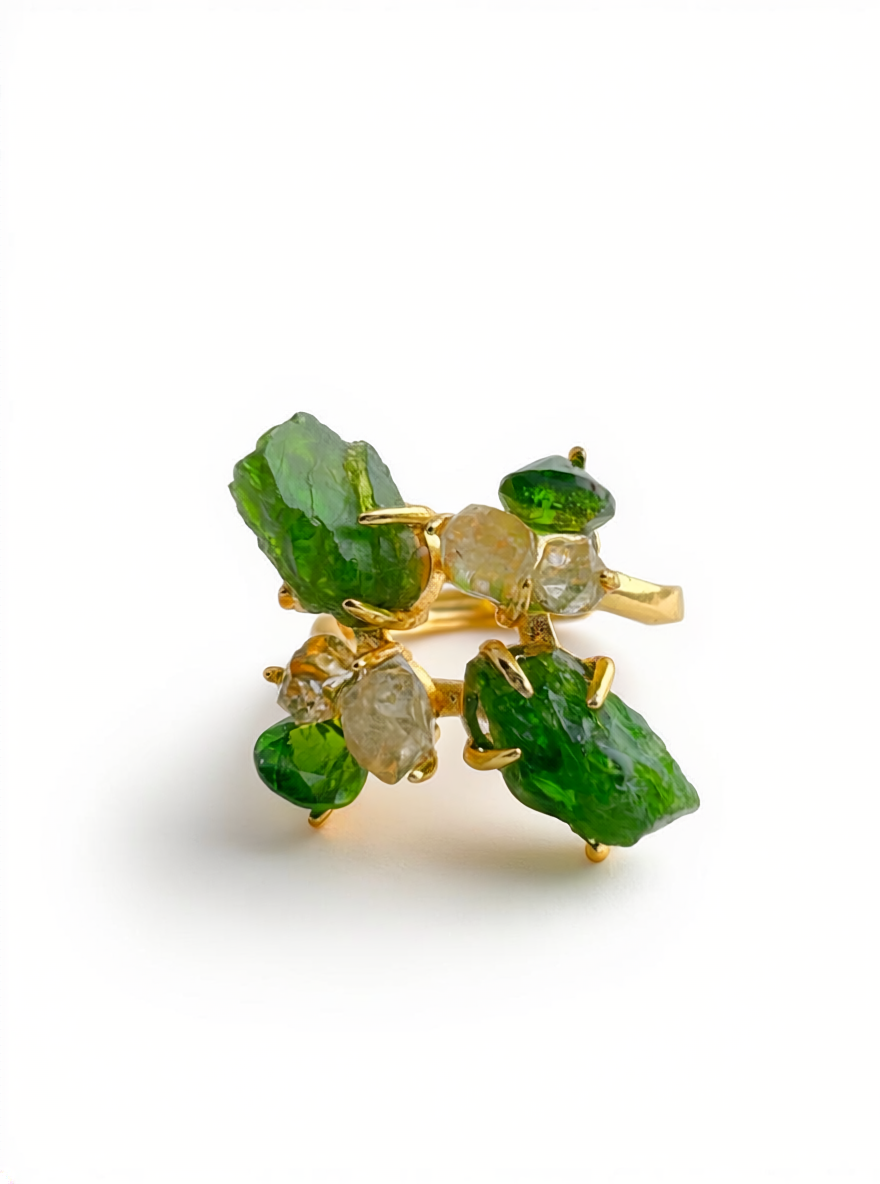 chrome diopside and herkimer diamond four stone crystal ring