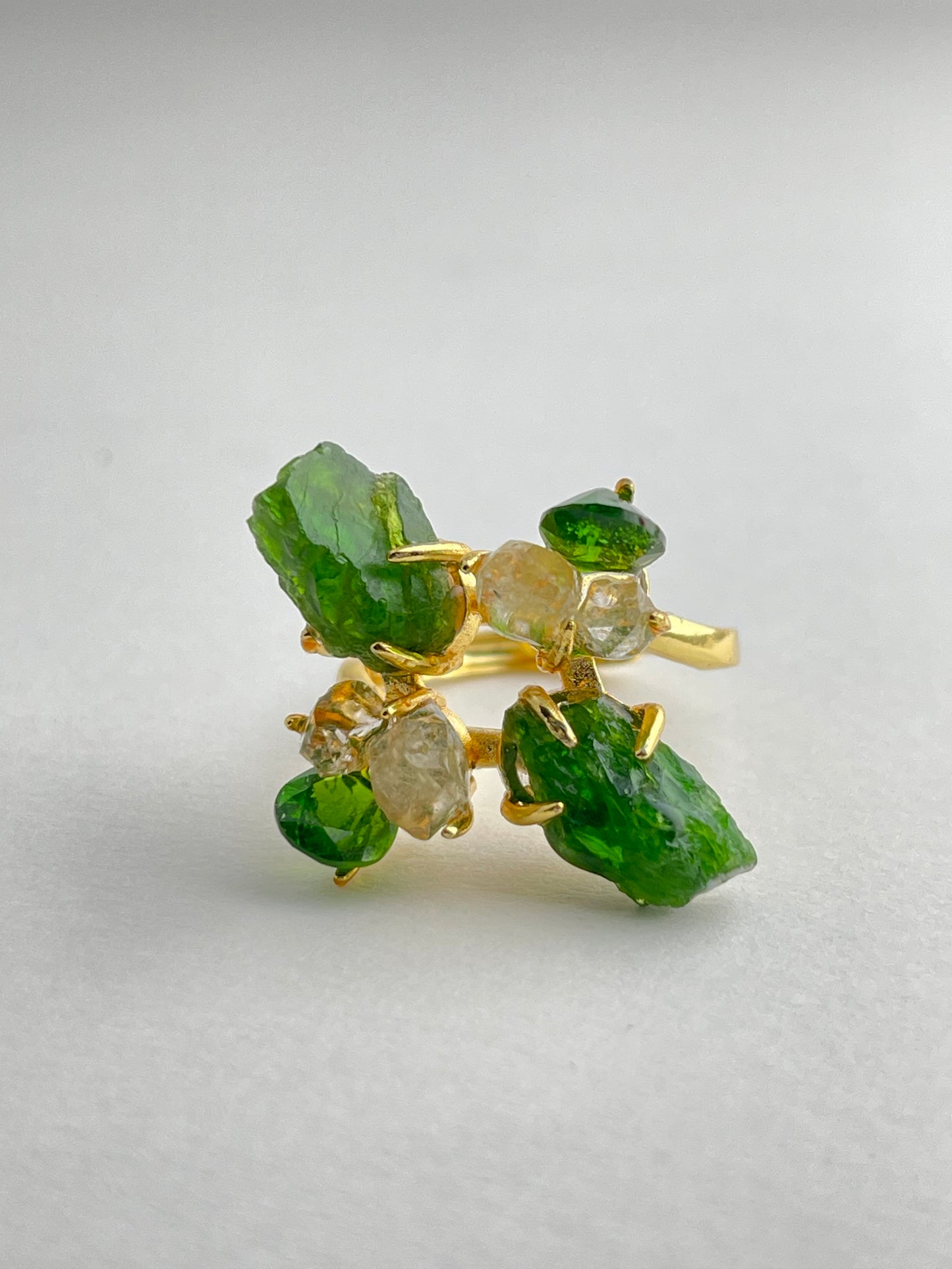 chrome diopside and herkimer diamond four stone crystal ring