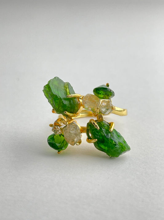 chrome diopside and herkimer diamond four stone crystal ring