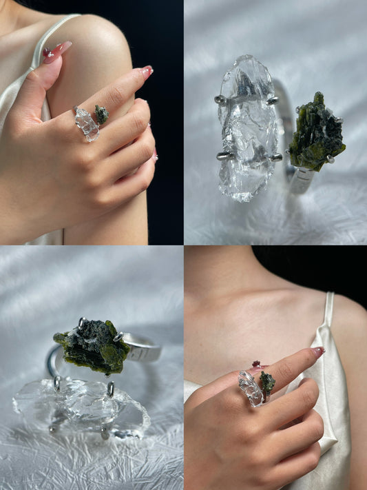 Double Clear Quartz & Epidote Raw Ring