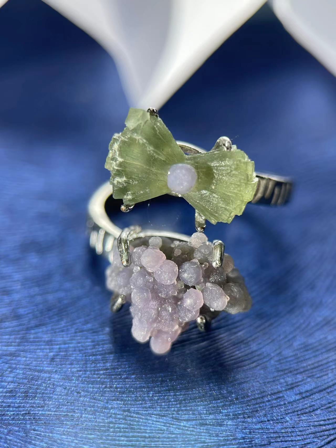 Double Raw Prehnite & Grape Chalcedony Ring